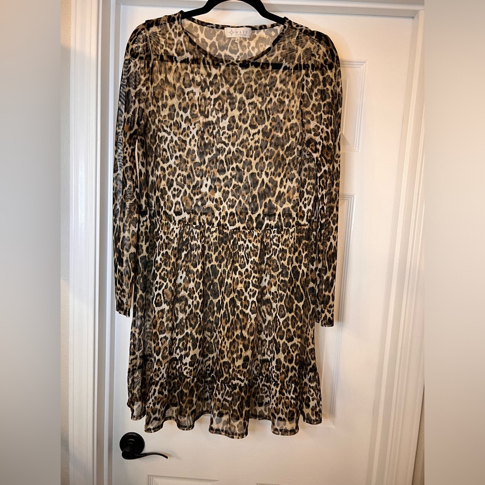 WAYF Mesh Leopard Print Baby Doll Dress - Sheer Long Sleeve